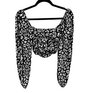 Topshop Ruched Long Sleeve Crop Top Women Size 6 Black/White Retro Y2K Cheetah